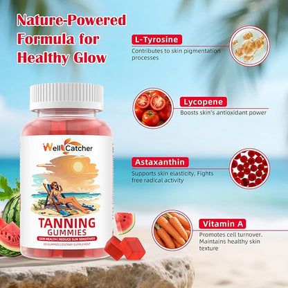 Tanning Gummies Supplement for Women Men: Daily Bronzing Tanning Gummies with Astaxanthin Beta-Carotene L-Tyrosine Lycopene, Melanin Supplement for Natural Glow Healthy Skin Sun Sensitivity Vegan 60CT