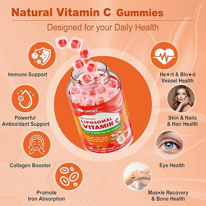 Natural Liposomal Vitamin C 1000mg Gummies for Adults & Kids 9+, Chewable Vitamin C w/ 11mg Zinc, D3, Elderberry, Echinacea, , Bioflavonoid, Immune Support, Whole Food VIT C from Fruits, Sugar Free