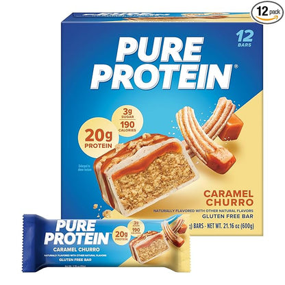 Pure Protein Caramel Churro Protein Bars – 20g Protein, 3g Sugar, 190 Calories (12 count) Low Sugar* High Protein Snack - Gluten Free - Perfect for a Healthy Snack