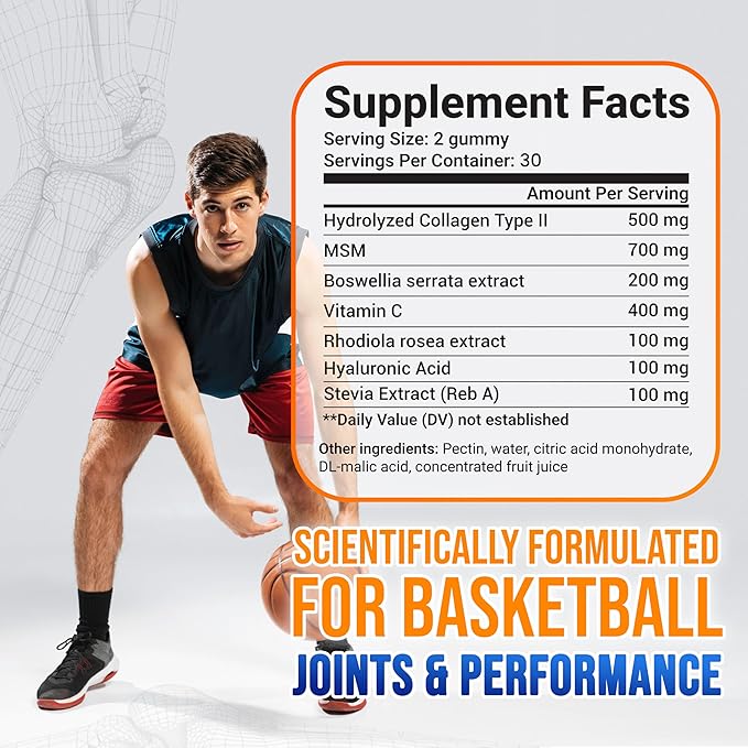 Hydrolyzed Collagen Type II 500mg, MSM 700mg, Boswellia 200mg, Vitamin C 400mg, Rhodiola 100mg, Hyaluronic Acid 100mg, Joint Mobility, Flexibility, Basketball Athletes, Vegan, Non GMO, 60 Gummy
