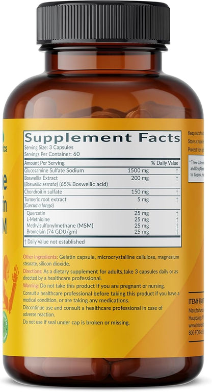 Futurebiotics Glucosamine Chondroitin Turmeric & MSM Advanced Joint Formula, Supports Healthy Joints & Mobility - Non-GMO, 180 Capsules