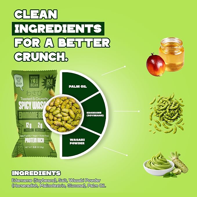 Where You Bean Edamame Beans Snack (Spicy Wasabi) - Crunchy and Dry Roasted Edamame Beans - High Protein Snacks, Keto and Vegan Healthy Snacks for Adults & Low Carb Asian Snack 0.9 oz (Pack of 8)