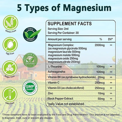Liquid Magnesium Supplement, Organic 5-in-1 Magnesium Complex Drops 丨 Glycinate, Taurate, Oxide, Malate, Citrate w/L-Theanine, Ashwagandha for Cortisol, Sleep*, Stress, Muscle,