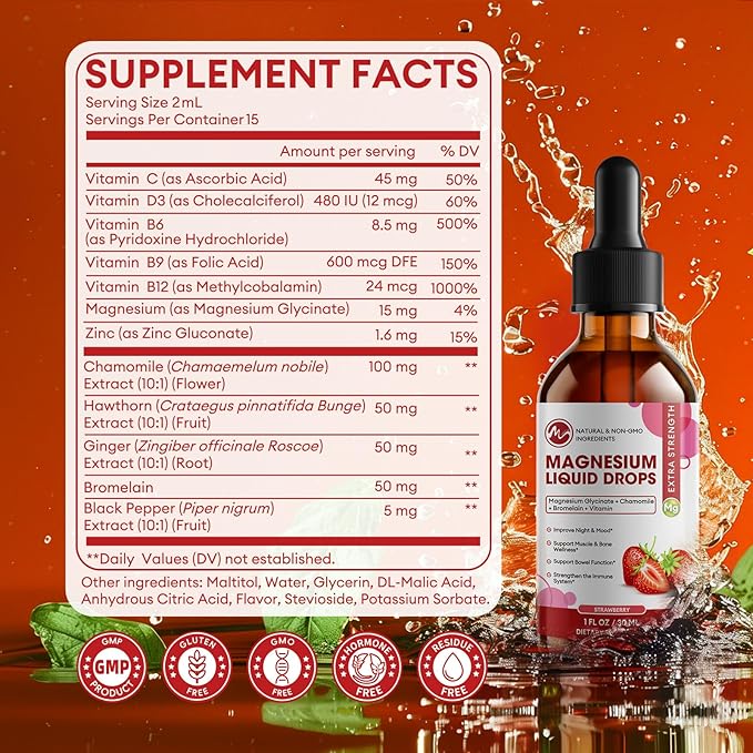 M inch Magnesium Glycinate Liquid, High Absorption Magnesium Liquid Drops with Chamomile, Hawthorn, Ginger Extract & Vitamin B6, B9, B12, C, D3, Magnesium Supplement, Strawberry Flavor, 2 Pack