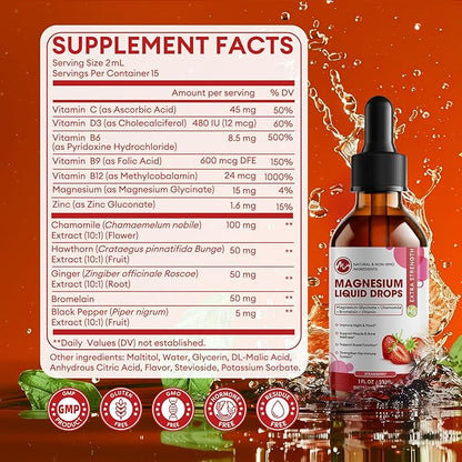 M inch Magnesium Glycinate Liquid, High Absorption Magnesium Liquid Drops with Chamomile, Hawthorn, Ginger Extract & Vitamin B6, B9, B12, C, D3, Magnesium Supplement, Strawberry Flavor, 2 Pack
