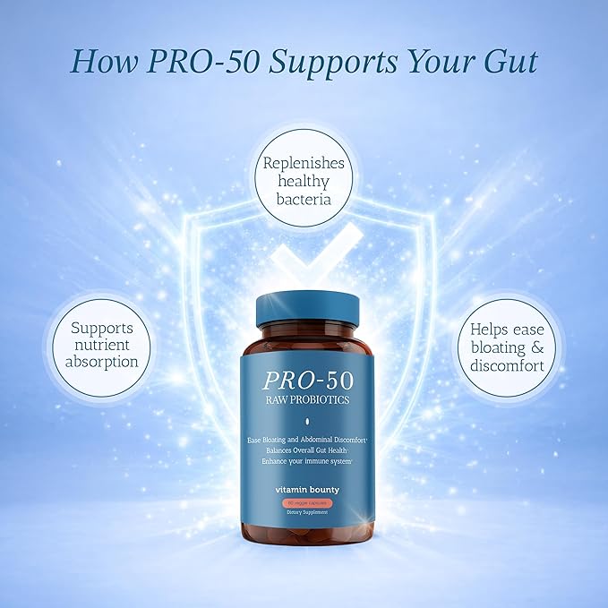 Vitamin Bounty Pro-50 Probiotics 50 Billion CFU for Women & Men - 13 Multi Strain Probiotic + Prebiotic - Digestive Health Supplements for Gut Health Support - Delayed Release Capsules for Men & Women