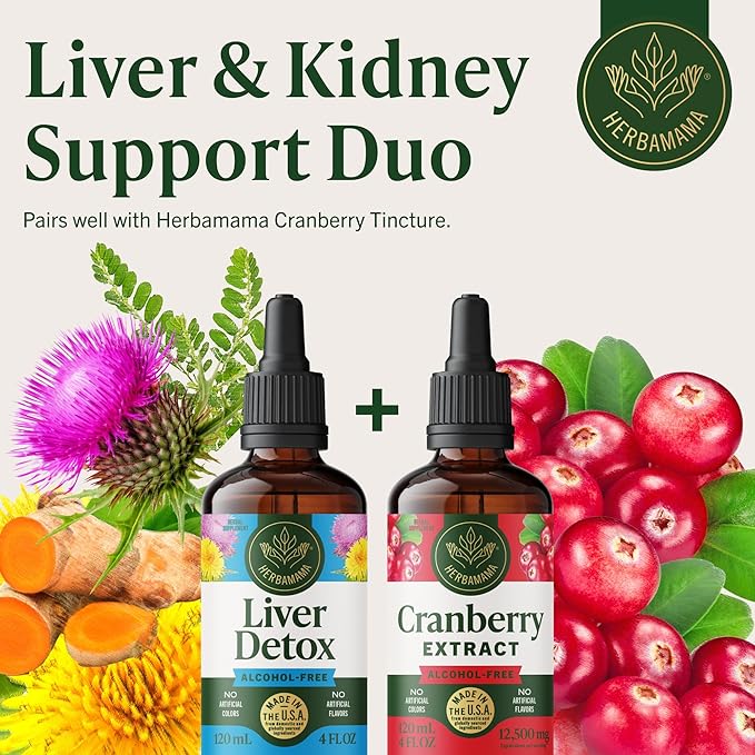 HERBAMAMA Liver Detox Liquid Drops - Vegan Liver Support with Milk Thistle, Dandelion Root, Chanca Piedra & Turmeric Tincture - Non-GMO, Alcohol & Sugar-Free Supplement - 84-Day Supply