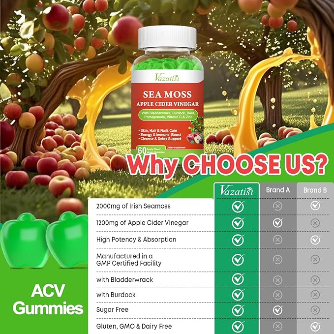 Apple Cider Vinegar Gummies with Sea Moss for Metabolism, Digestion, Detox, Gut & Immune Health, Apple Flavored - 60 Count