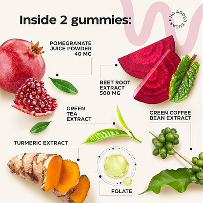 Beets for High Blood Pressure 120 Pcs (2 Pack) - Beet Root Chews with Pomegranate Juice Powder - Nitric Oxide Gummies for Energy, Cardio Health - Gummy Supplement for Men and Women - Sugar Free