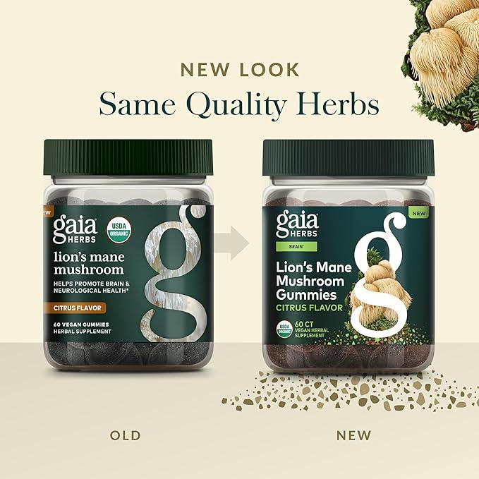 Gaia Herbs Lion's Mane Mushroom Gummies - Brain Support Supplement* - Made with Organic Lion's Mane Mushrooms - Free from Gluten, Soy & Dairy - 60 Vegan Gummies (30 Servings)