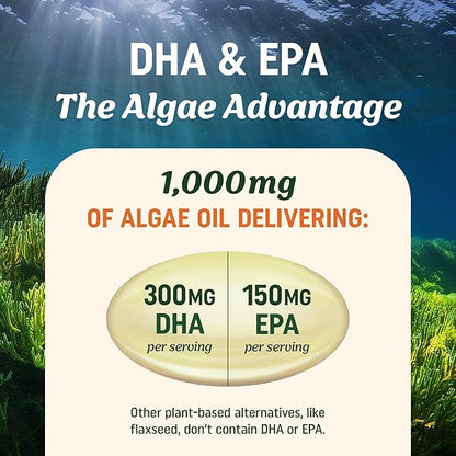 Vegan Omega 3 Algae Oil | Plant Based DHA EPA | Sustainably Sourced, No Carrageenan, Non GMO | Heart, Brain, and Eye Health | Fish Oil Alternative | Algae Omega 3 Supplement | 120 Softgel Capsules