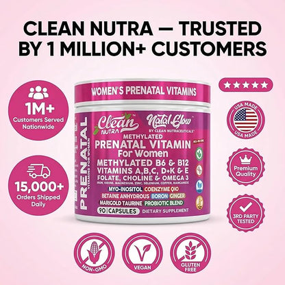 Natal Glow Methylated Prenatal Vitamins for Women Folate Omega 3 Vitamins A B12 C D3 E K2 Iron Riboflavin Biotin Choline Calcium Iodine Magnesium Zinc Selenium Copper Manganese by Clean Nutra