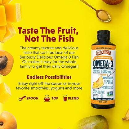 Barlean's Omega 3 Fish Oil Liquid Supplement with Vitamin D for Men and Women, 1080mg of EPA and DHA Fatty Acid, Promotes Brain & Heart Health - Non-GMO, Mango Peach, 8 oz