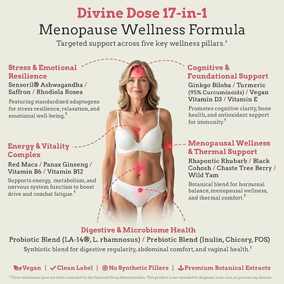 Total Menopause Formula 17-in-1 Support Supplement for Women with Ashwagandha, Black Cohosh, Maca, Probiotics, Vitamins D3, B6, B12 for Balance, Vitality & Mental Clarity | 60 Capsules