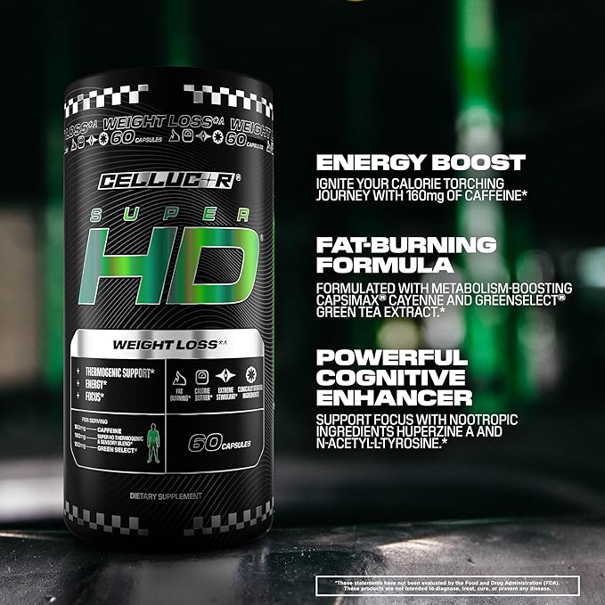 Cellucor SuperHD Thermogenic Fat Burner Weight Loss Supplement, Appetite Suppressant, & Energy Booster Capsimax, Green Tea Extract, 160mg Caffeine & More 60 Capsules (Packaging May Vary)