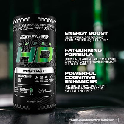 Cellucor SuperHD Thermogenic Fat Burner Weight Loss Supplement, Appetite Suppressant, & Energy Booster Capsimax, Green Tea Extract, 160mg Caffeine & More 60 Capsules (Packaging May Vary)