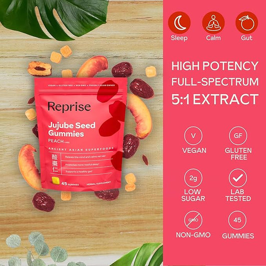 Reprise Jujube Seeds in Daily Gummies, 300 mg Full-Spectrum Jujube Seeds, Supports Relaxation & Restful Sleep, 100% Plant Based Vegan & Gelatin Free, Peach Flavored, 45 Gummies