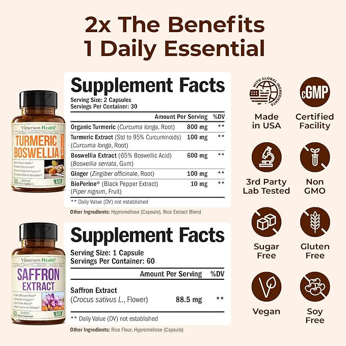 Boswellia Turmeric Curcumin Supplement + Pure Saffron Supplements for Women & Men Bundle – Supports Joint Health, Mood & Calm, Eye Health – with Ginger Root, Organic Turmeric Powder, Saffron Extract