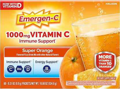 Emergen-C 1000mg Vitamin C Powder for Daily Immune Support Caffeine Free Vitamin C Supplements with Zinc and Manganese, B Vitamins and Electrolytes, Super Orange Flavor - 60 Count/2 Month Supply