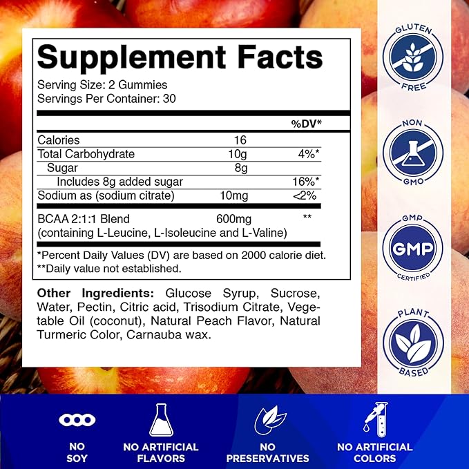 Vitamatic BCAA Gummies - Branch Chain Amino Acid Supplements - Peach Flavor - 600mg per Serving - 60 Vegan Pectin Based Gummies (2 Bottles)