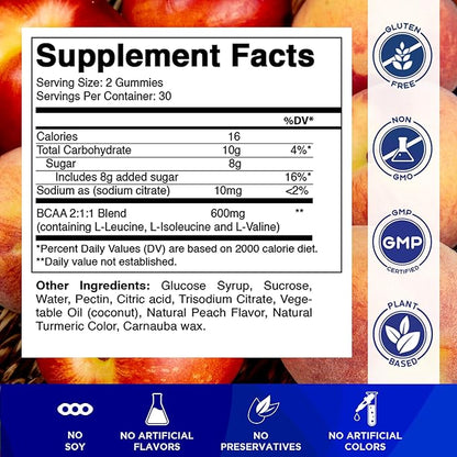 Vitamatic BCAA Gummies - Branch Chain Amino Acid Supplements - Peach Flavor - 600mg per Serving - 60 Vegan Pectin Based Gummies (2 Bottles)