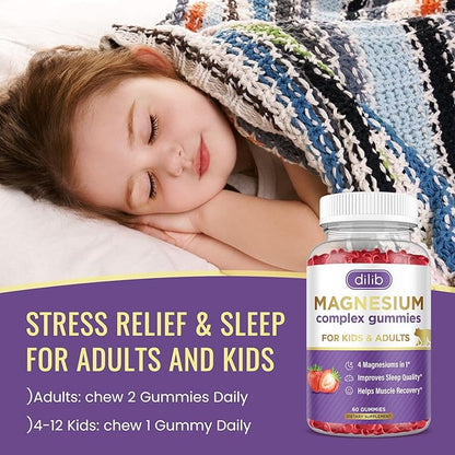 Magnesium Complex Gummies for Kids & Adults- Calm Chewable Gummies- Magnesium Glycinate, Taurate, Citrate, Malate, Supplement-Support Calm Stress Relief, Mood Vegan, Strawberry Flavor,120ct