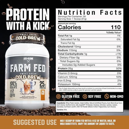Axe & Sledge Farm Fed 100% Whey Protein Isolate | 25g Protein | Low Carb, Low Sugar, Gluten Free | Protein Powder for Men and Women | Keto | Made in The USA | 28 Servings, Sweet Cream Cold Brew