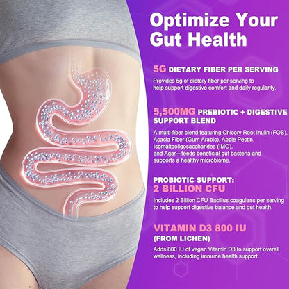 Prebiotic Fiber Gummies, 5g Fiber per Serving, 2 Billion CFU Bacillus Coagulans + Vitamin D3, Sugar Free Pectin Mixed Berry Gummies, Inulin (FOS) + Acacia + Apple Pectin, 120 Gummies (60 Servings)