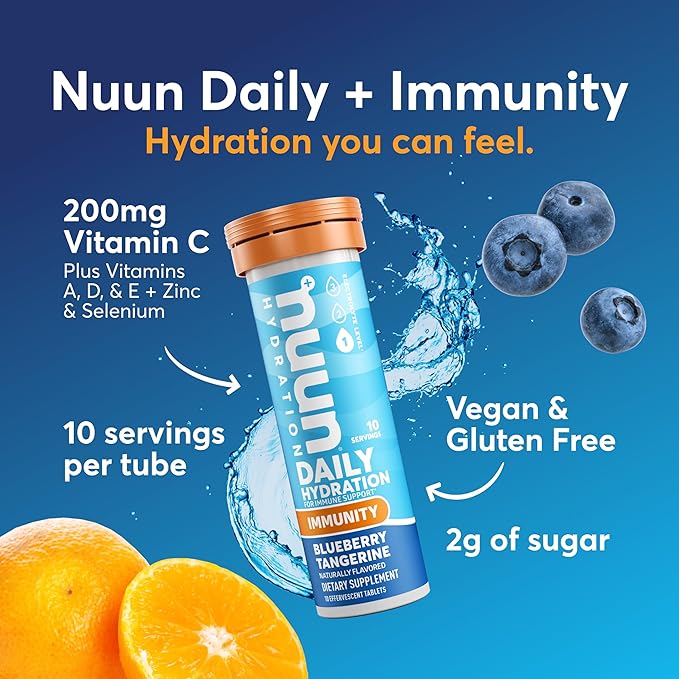 Nuun Immunity Electrolyte Tablets with Vitamin D, C, E, & A, Ginger, Elderberry, Magnesium & 4 Other Essential Electrolytes, Vegan, Blueberry Tangerine, 8 Pack (80 Servings Total)