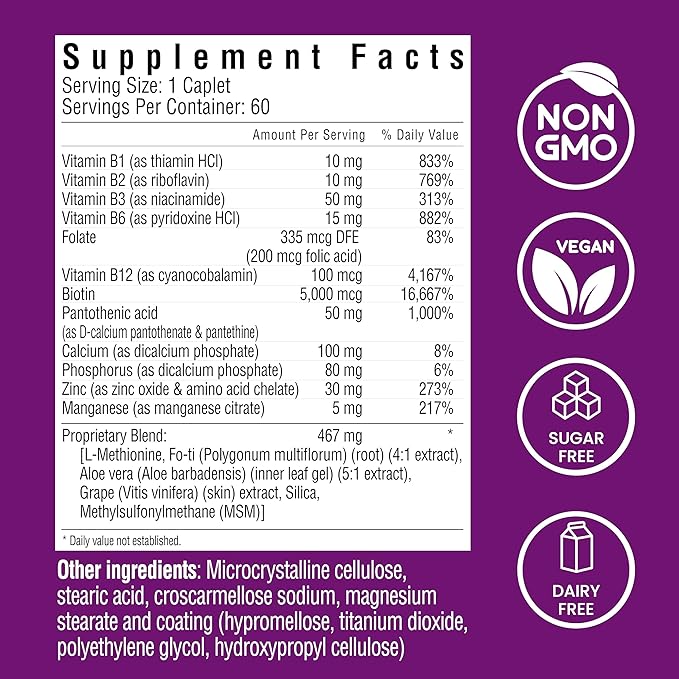 Hair Skin and Nails, Hair Growth Support, Healthy Skin & Nails, Biotin, Vitamins B1, B2, B3, B6 & B7 + B1, Supports Healthy Hair, Radiant Skin and Strong Nails, Vegan, 60 Caplets