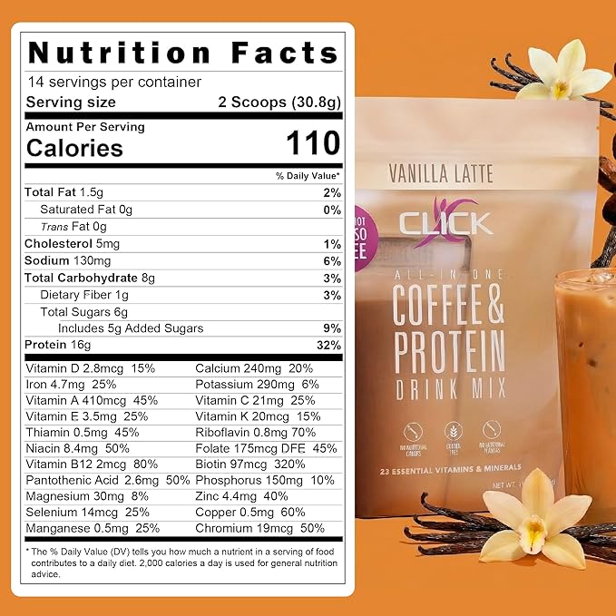 Click Coffee Protein Powder | Double Shot Espresso | 16g Protein | 23 Essential Vitamins | Low Calorie Meal Replacement | 150mg Caffeine | Gluten Free | No Artificial Flavors or Colors | Vanilla