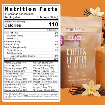 Click Coffee Protein Powder | Double Shot Espresso | 16g Protein | 23 Essential Vitamins | Low Calorie Meal Replacement | 150mg Caffeine | Gluten Free | No Artificial Flavors or Colors | Vanilla