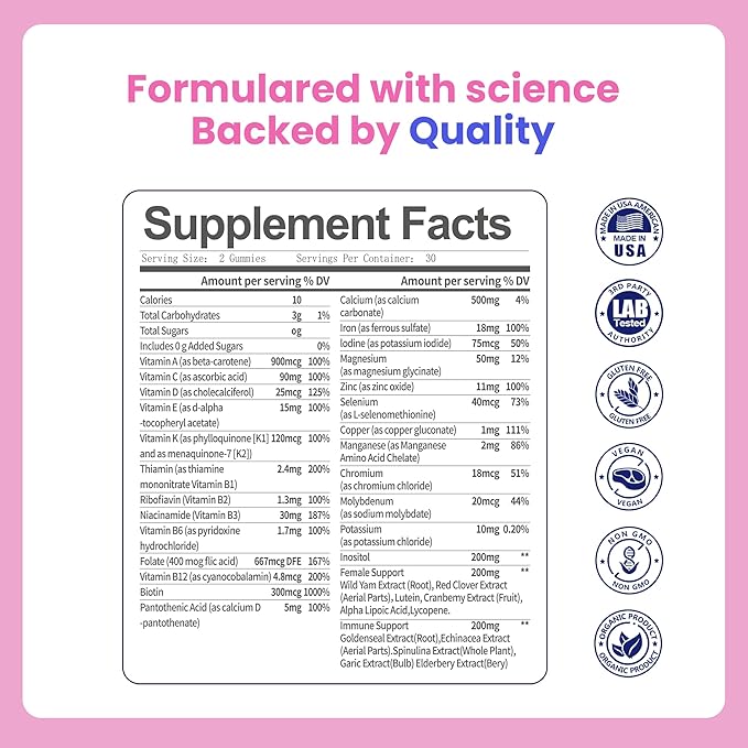 All-in-One Women's Multivitamin Gummies with Complete Vitamin & Mineral Complex, Herbal Blends for Energy, Overall Health, High Potency Hair Skin and Nails Vitamins, Strawberry Flavor, 2 Pack
