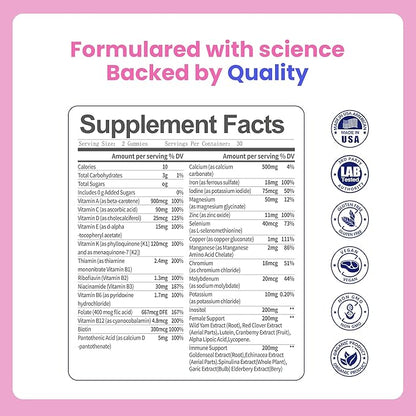 All-in-One Women's Multivitamin Gummies with Complete Vitamin & Mineral Complex, Herbal Blends for Energy, Overall Health, High Potency Hair Skin and Nails Vitamins, Strawberry Flavor, 2 Pack