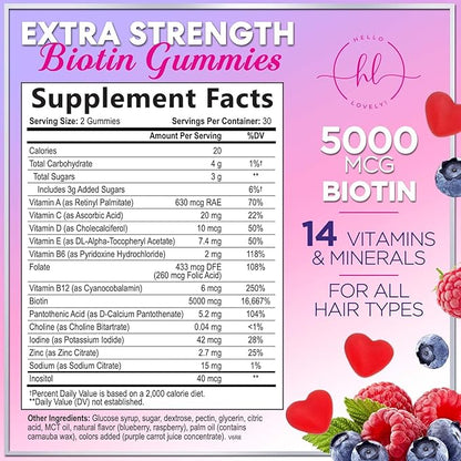 Hair Vitamins Gummies with Biotin 5000 mcg per Serving - Hair Growth Support with Vitamins E & C for Thicker, Stronger & Beautiful Hair - Hair Skin and Nails Vitamin, Gluten Free - 60 Gummies