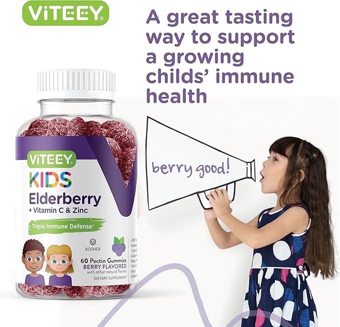 Viteey Sambucus Elderberry for Kids Immune Support Supplements with Zinc & Vitamin C - 3-1 Immune Booster - Vegen, Gelatin Free, Gluten Free, GMO Free - Tasty Chewable Berry Flavored Gummy