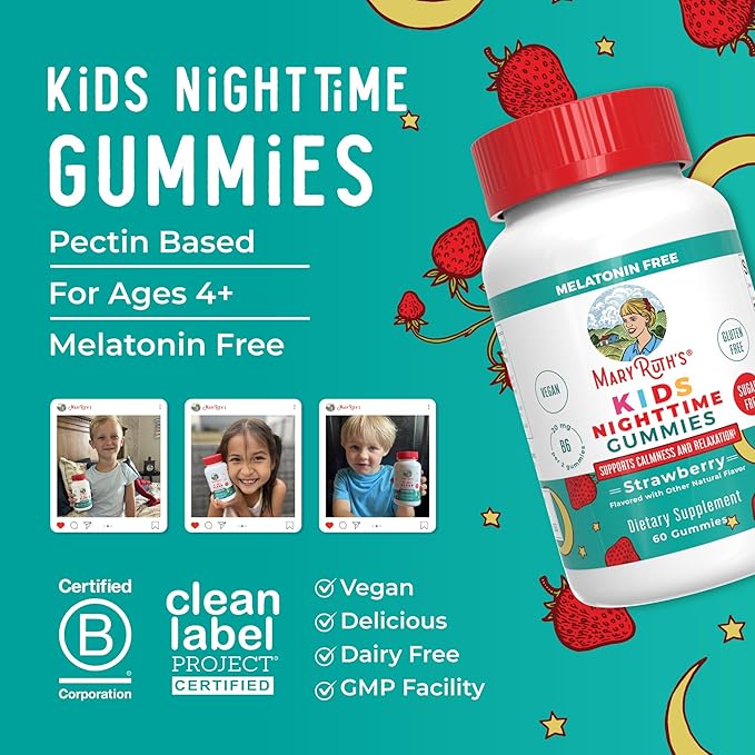 MARYRUTH'S Kids Nighttime Gummies | Sugar Free | NO Melatonin with L Theanine, Lemon Balm, Chamomile, Vitamin B6 | Relaxation Support for Kids 2+ | Vegan | Non-GMO | Gluten Free | 60 Count