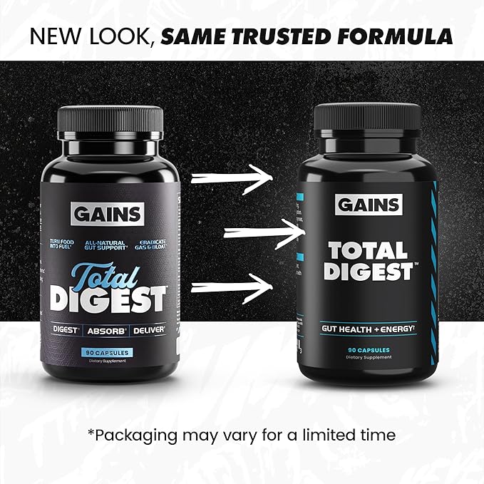 Gains in Bulk Total Digest, Digestive Enzymes, Prebiotics and Probiotics for Digestive Health, Bloating Support, Gut Health for Women and Men, Promotes Protein, Carb and Fat Digestion, 90 Capsules