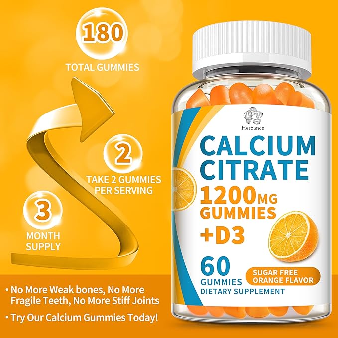 (3 Pack) Calcium Citrate 1200 mg Gummies with Vitamin D3, High Absorption Calcium Supplements for Women & Men, Sugar Free, Non-GMO, Gluten Free, Supports Muscle & Immune - Orange Flavor
