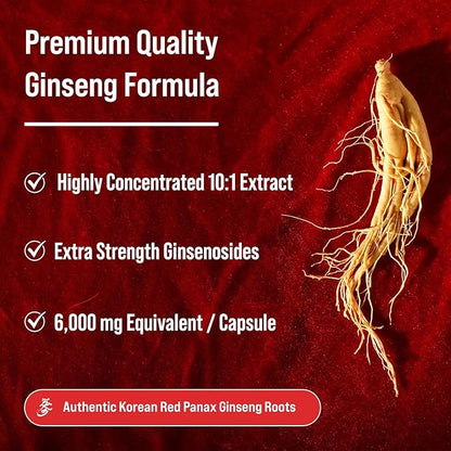 NutraChamps Korean Red Panax Ginseng Capsules | Extra Strength Ginsenosides for Energy, Focus, Performance, Vitality & Immune Support | Korean Ginseng Root Extract (120, Red)