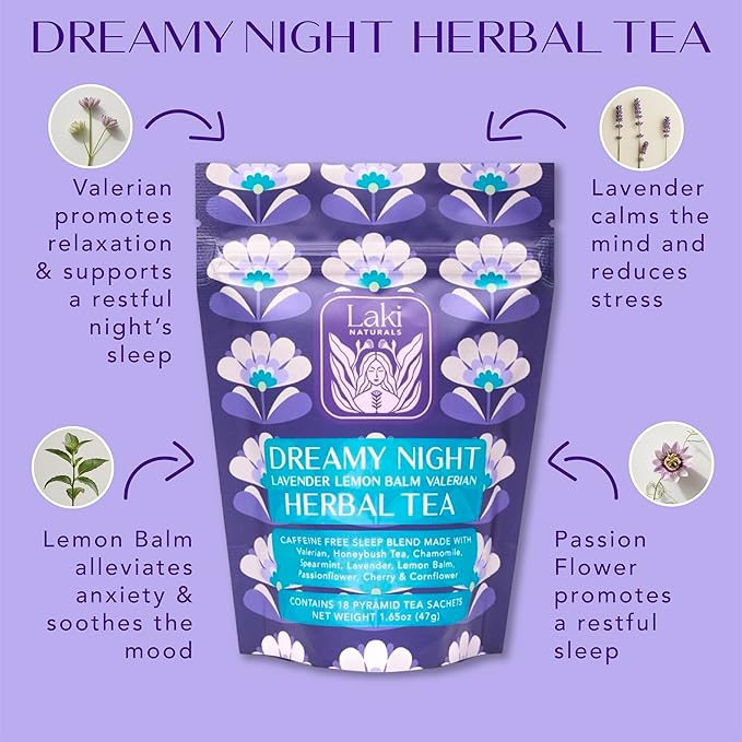 Dreamy Night Sleep Tea (1.65 oz, Pack of 18 Tea Bags) – Sleepytime Calming Caffeine Free Tea Herbal Blend with Valerian Root, Chamomile, Lemon Balm, Passionflower and Lavender for Bedtime