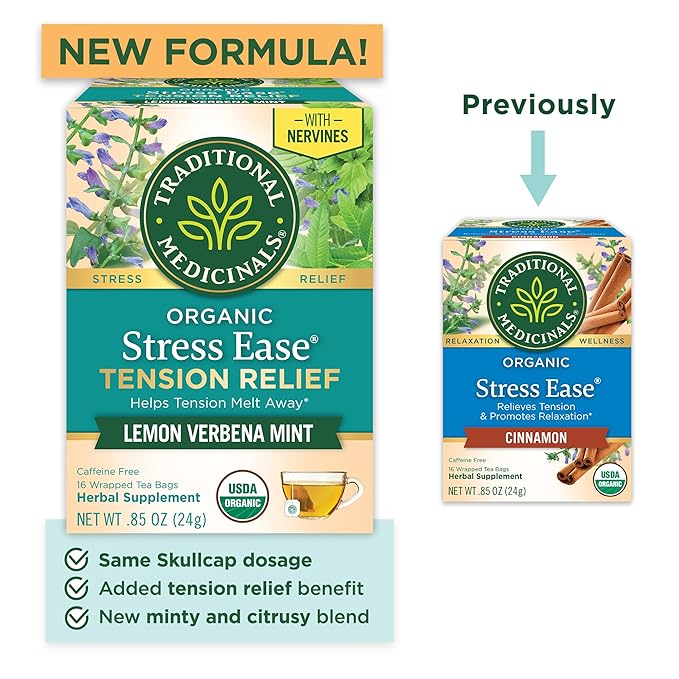 Traditional Medicinals Organic, Stress Ease Tension Relief, Lemon Verbena Mint Tea - Supports Stress Relief - Kosher, Non-GMO, Caffeine-Free, Compostable - 16 Tea Bags