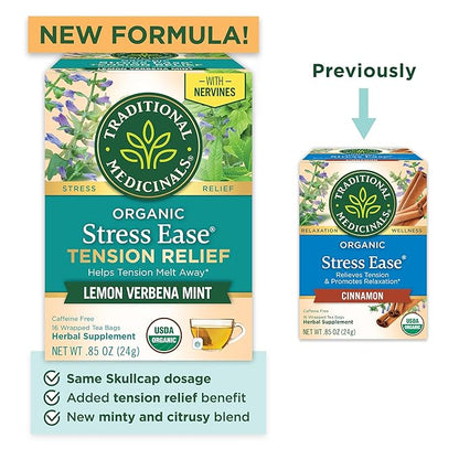 Traditional Medicinals Organic, Stress Ease Tension Relief, Lemon Verbena Mint Tea - Supports Stress Relief - Kosher, Non-GMO, Caffeine-Free, Compostable - 16 Count (Pack of 2)