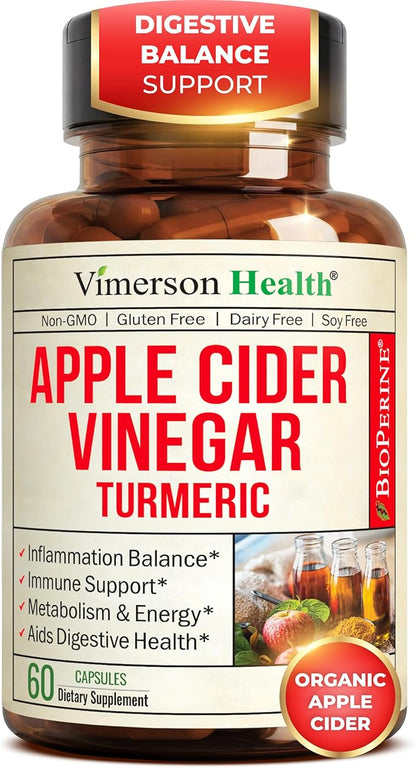 Organic Apple Cider Vinegar with Turmeric Curcumin Supplement & Ginger for Digestive Health, Metabolism, Energy & Joint Support – Organic Turmeric & Apple Cider Vinegar Capsules – 60 Vegan Non-GMO