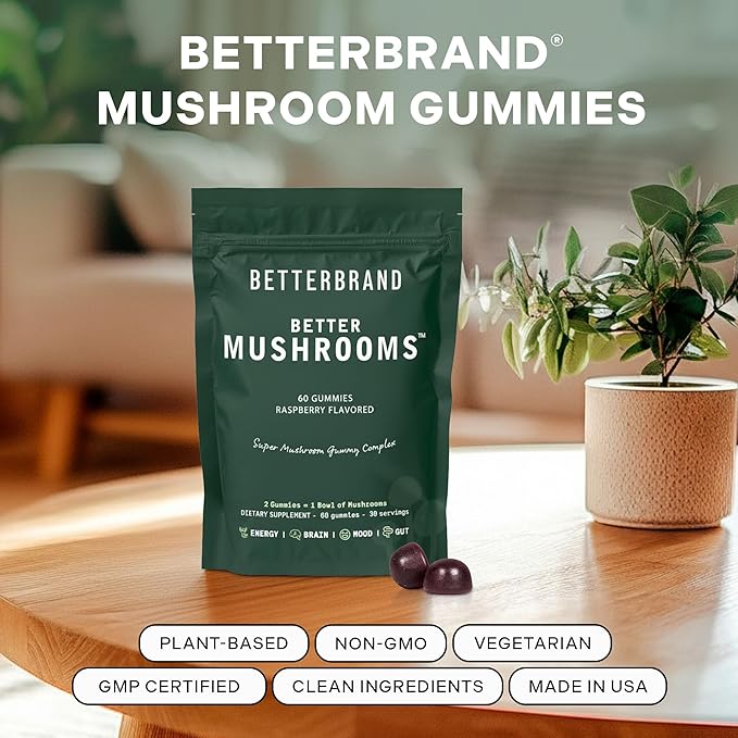Betterbrand BetterMushrooms Nootropic Gummies - Supports Better Gut Health, Cognitive Function, Mental Clarity with 10 Functional Mushrooms - 60 Gummies - Raspberry Flavor - Pack of 2