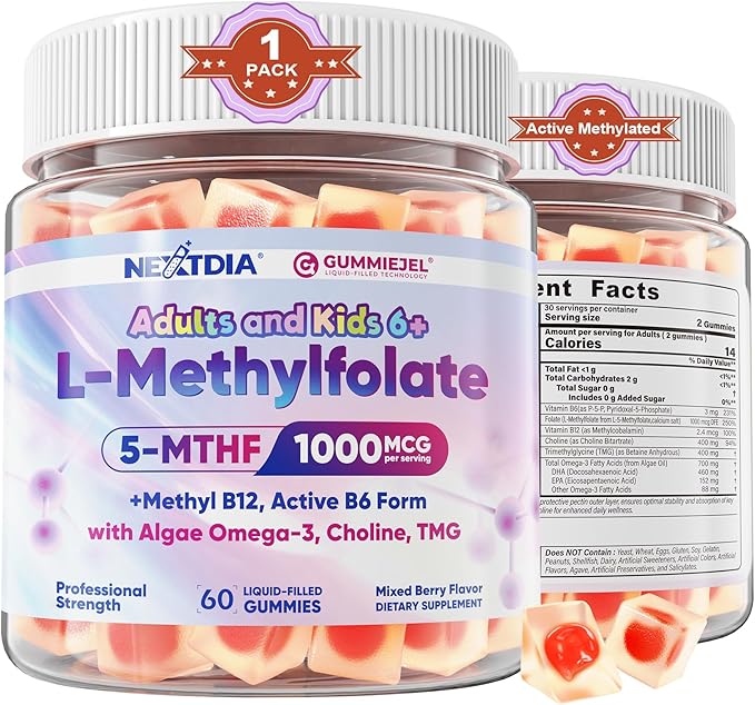 L-Methylfolate 1000 mcg + Methyl B12 Gummies for Kids & Adults - Active 5-MTHF, w/Omega-3 DHA & EPA(3:1), Choline & TMG, B6, Supports MTHFR Gene, Brain, Energy & Methylation, Sugar free, 60 Cts