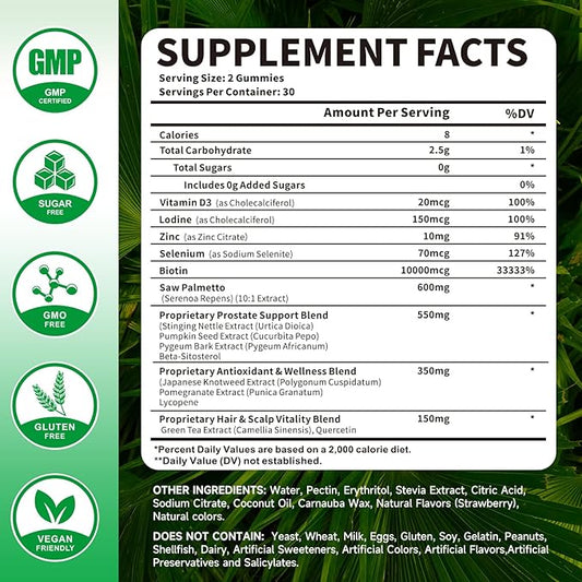 Saw Palmetto Gummies 600mg for Men & Women – Pumpkin Seed Oil Gummies with Saw Palmetto Supplement for Hair Growth & Skin Health, DHT Blocker - Sugar Free, Non-GMO, Raspberry Flavor 120 Count