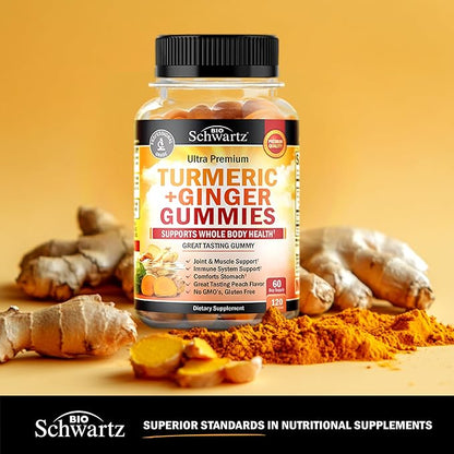 Turmeric Curcumin with Ginger Gummies - Natural Extra Strength Joint Support Supplement, Delicious Peach Flavor Ultra High Absorption Turmeric Supplement Non-GMO, Gluten Free 120 Count