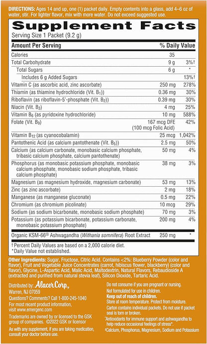 Emergen-C Vitamin C Ashwagandha Drink Mix, Dietary Supplement for Immune Support, Berry Blend - 18 Count