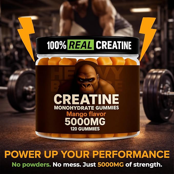 Creatine Monohydrate Gummies 5g Sugar Free Creatine with Vitamin B12 and L-Taurine | Muscle Growth for Men and Women | Low Calorie Formula 120 Gummies for 30 Servings, Mango